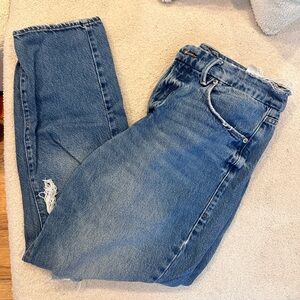 Good American Distressed Ripped Knees Straight Leg Blue Jeans